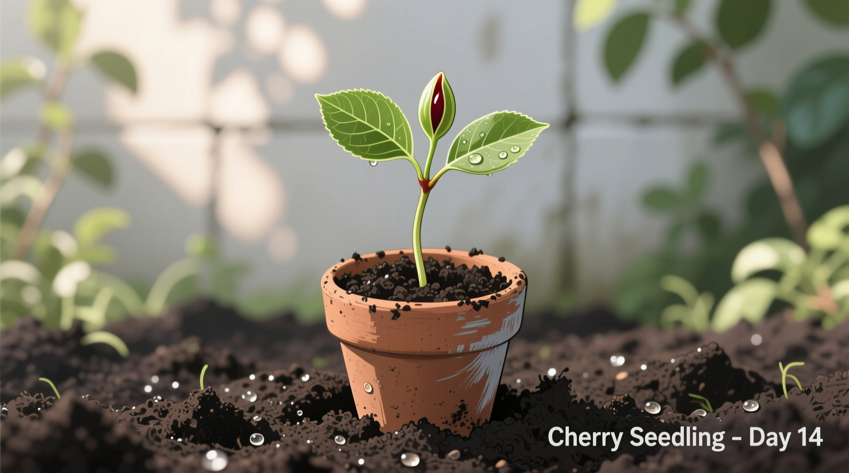 Cherry seedling emerging from soil in starter pot