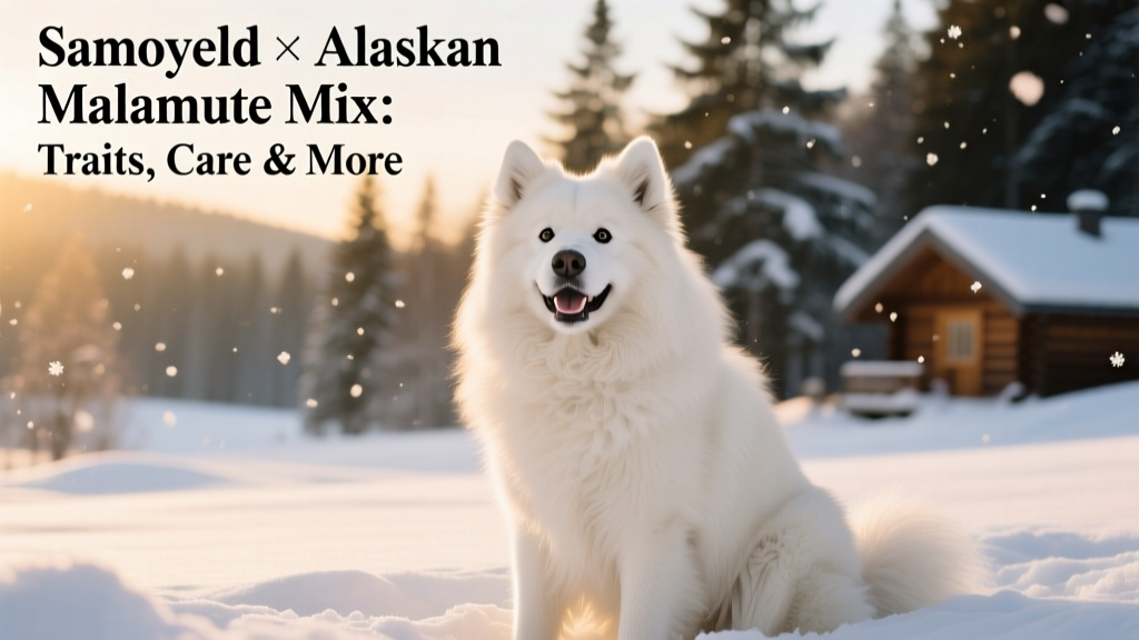 A smiling Samoyed-Alaskan Malamute mix sitting outdoors with a snowy backdrop, showcasing its thick white coat and expressive eyes