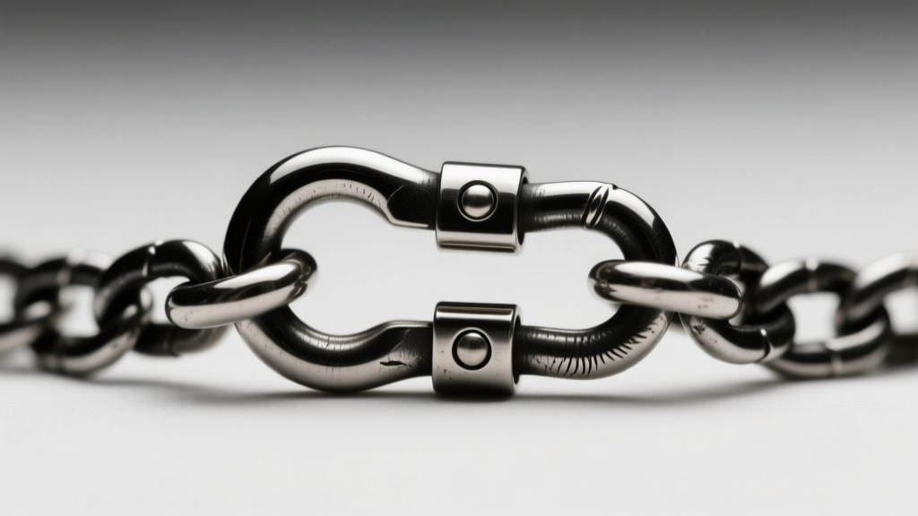 Macro shot of a steel lobster clasp on a 3mm oxidized silver rolo chain, showcasing the jump ring and soldered connection point