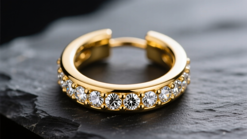 Macro shot of a 14k solid yellow gold 20mm studded hoop earring with bezel-set diamonds resting on dark slate under studio light