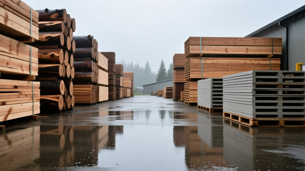 Stacks of pressure-treated Douglas fir timber and fiber cement siding pallets at a rainy Pacific Northwest lumber yard ready for delivery