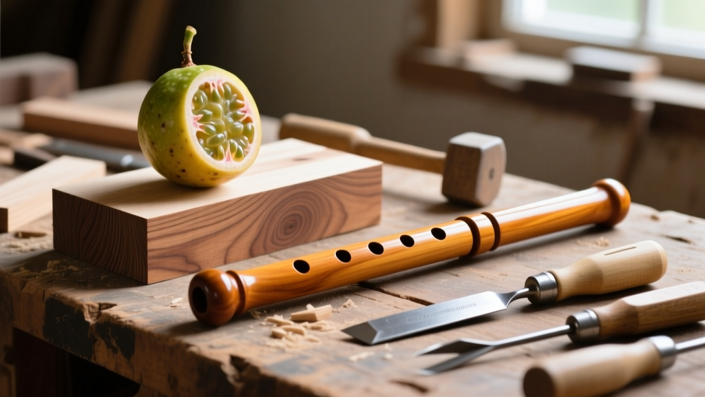 Close-up of raw grenadilla and boxwood lumber blanks resting on a workbench beside a finished wooden transverse flute and carving tools