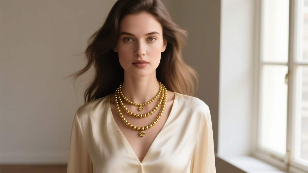 Woman wearing layered 9k and 18k antique gold beads necklaces over a cream silk blouse, captured in soft natural window light.