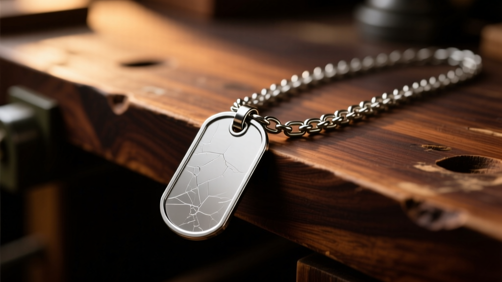 Macro shot of a 316L stainless steel army tag necklace chain on a dark wood workbench, lit by warm directional lighting