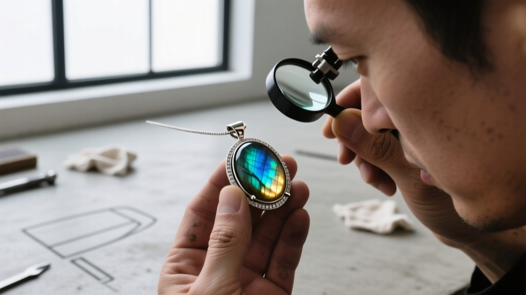 Jeweler inspecting a cabochon labradorite stone in a sterling silver bezel pendant using a loupe under bright workshop lighting.