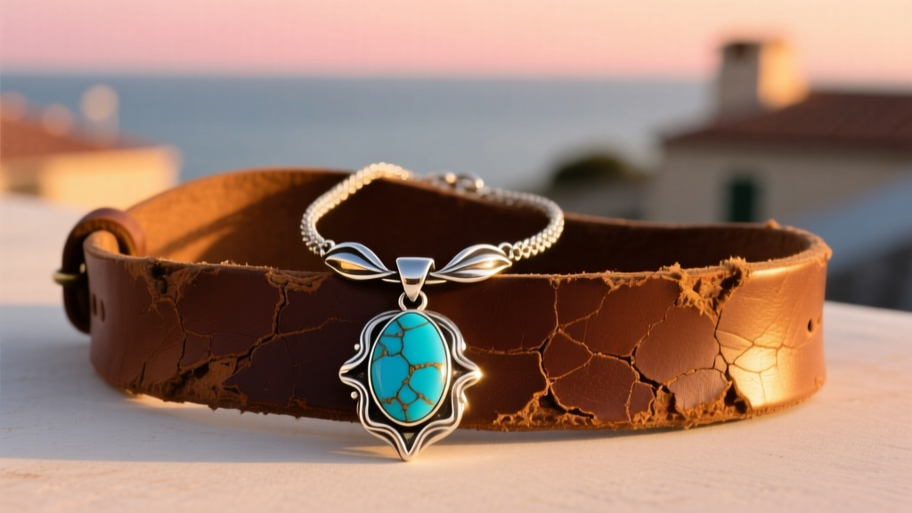 Vintage silver and turquoise pendant necklace on distressed brown leather, warm sunset lighting, high fashion editorial style.