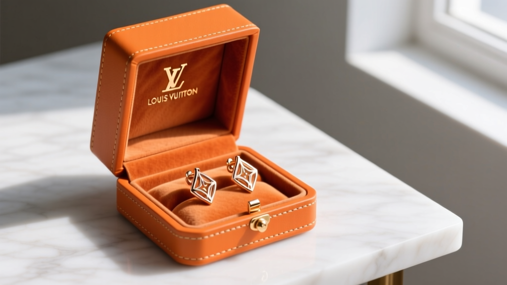 Open LV orange box with Empreinte 18k rose gold earrings nestled in the suede insert, showing proper luxury jewelry storage.