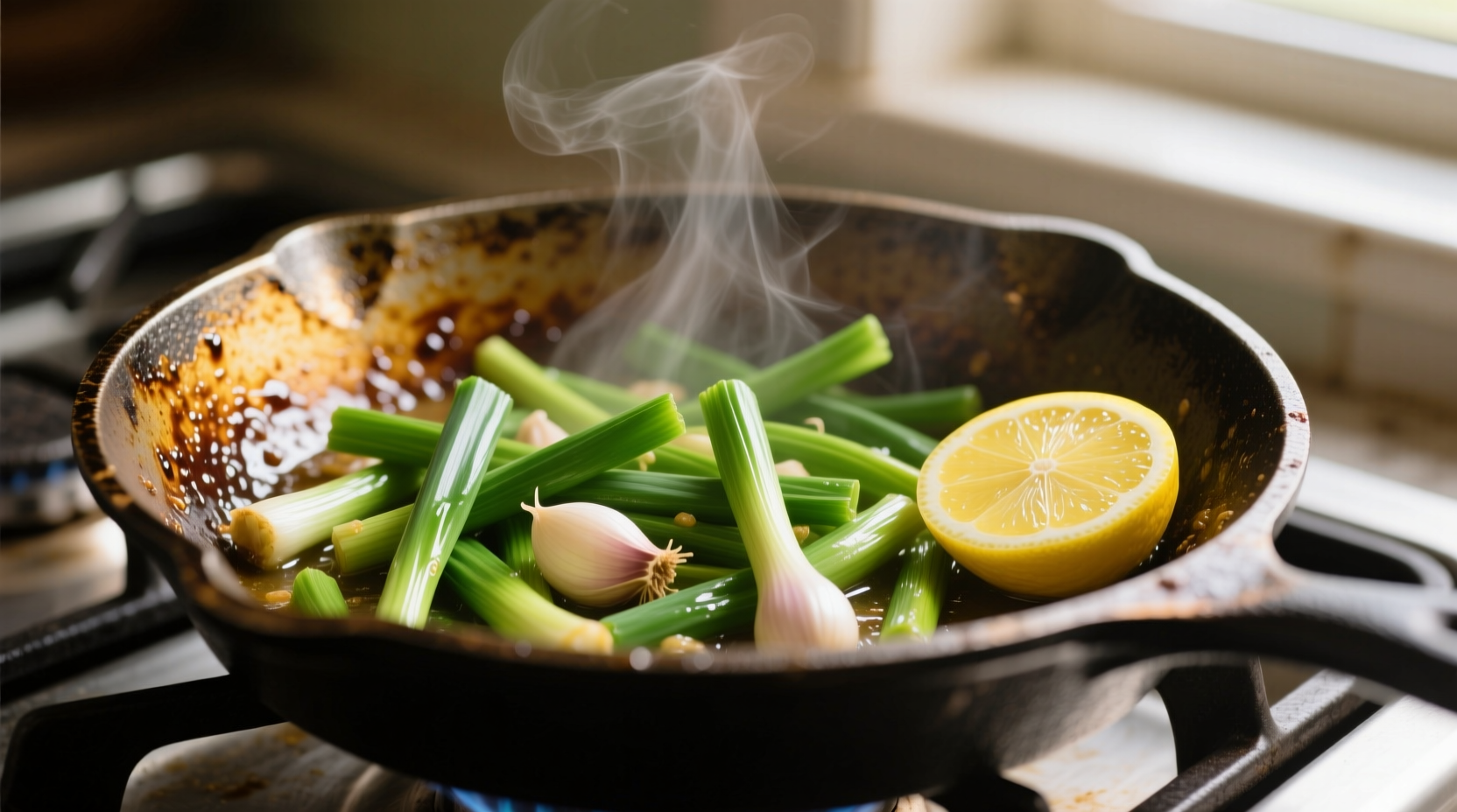 Fresh green garlic sautéed in skillet with lemon