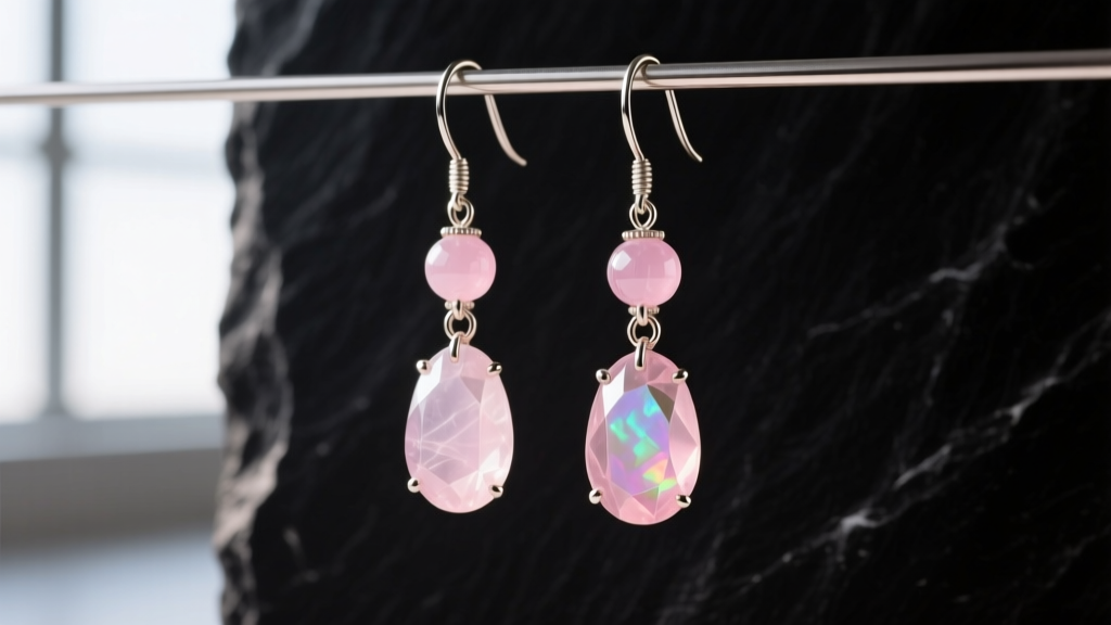 Macro shot of rose quartz and pink opal beaded drop earrings on titanium wire, studio lit against dark slate.