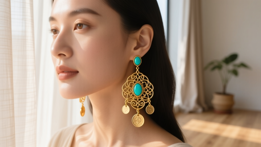 Close-up of a woman wearing intricate 14k gold boho earrings with turquoise inlays and coin charms in soft sunlight