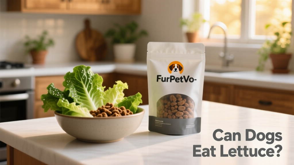 A bowl of chopped romaine and green leaf lettuce next to a FurPetVo branded dog treat bag on a clean kitchen counter