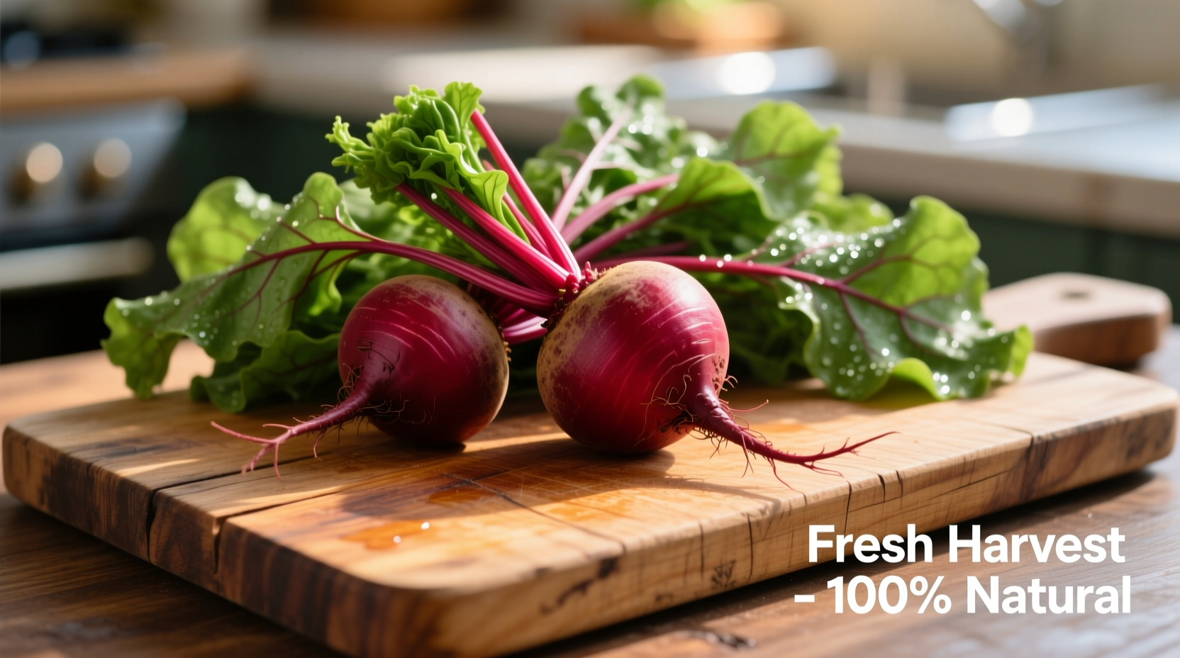 Fresh beets with greens on wooden cutting board