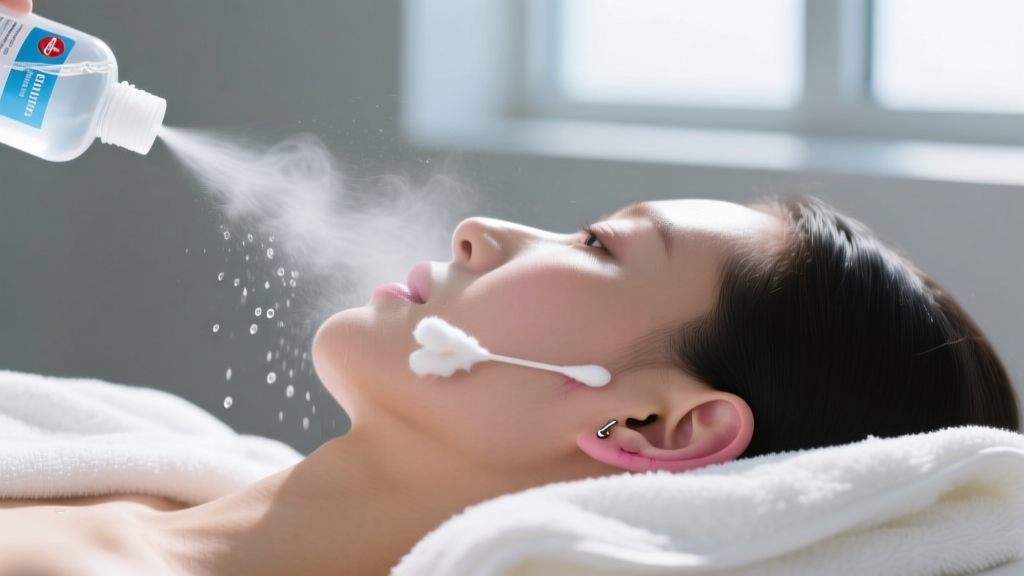 Sterile saline wound wash bottle spraying onto a cotton swab near a clean, healed earlobe piercing resting on a soft white towel.