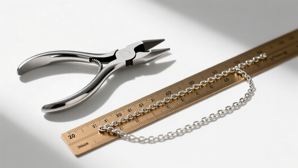 Flat lay of jewelry tools including chain nose pliers, a brass ruler, and a 20-inch silver chain being measured for adjustment.