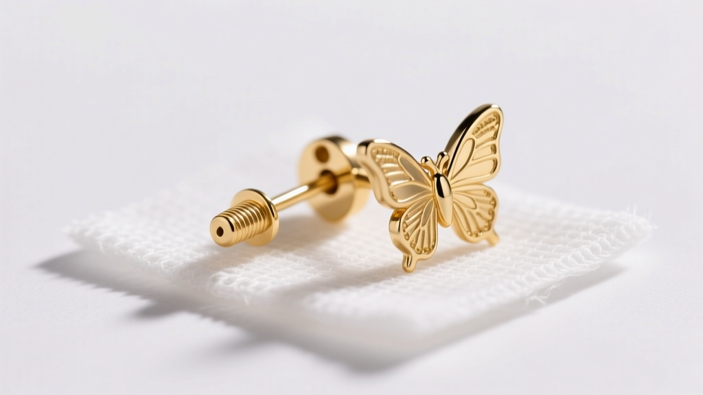 Macro shot of a 20-gauge 14k gold earring post and butterfly back resting on sterile gauze under bright, clinical studio lighting.