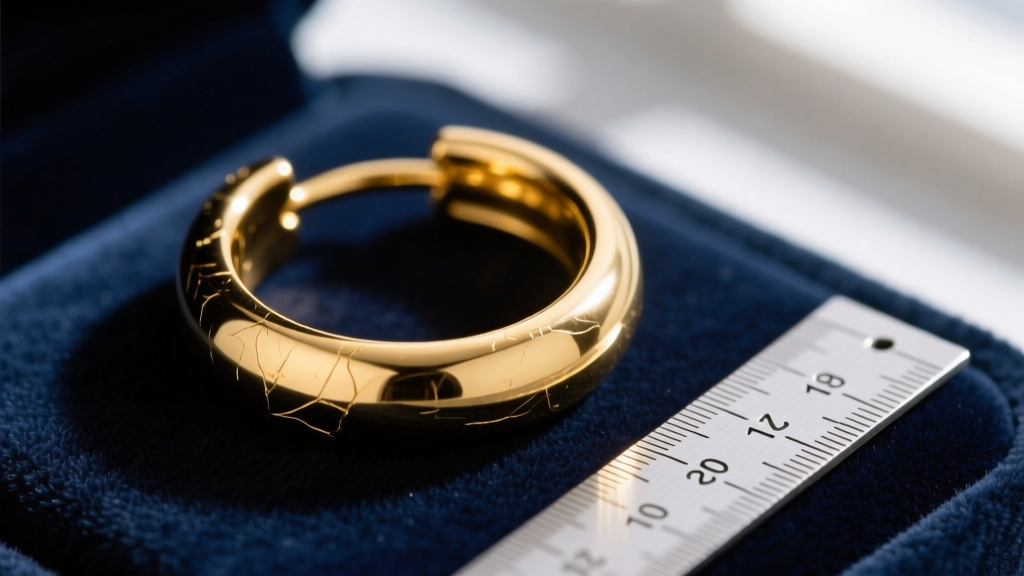 Macro photography of an 18-gauge solid 14k yellow gold seamless hoop earring resting on velvet next to a millimeter sizing guide