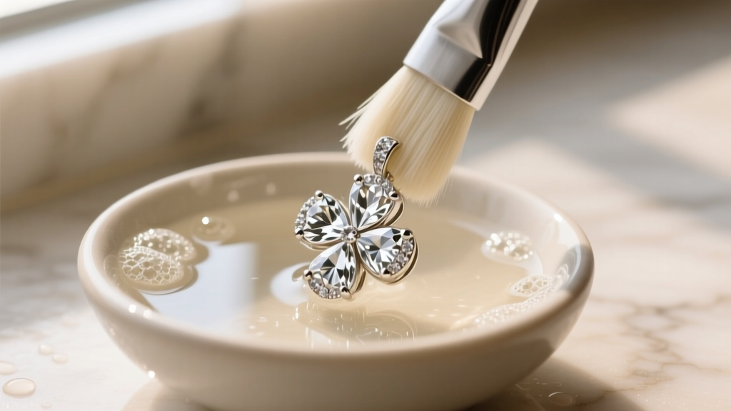 Soft-bristled brush gently scrubbing the diamond pavé edges of a white gold clover pendant in a shallow bowl of warm soapy water.