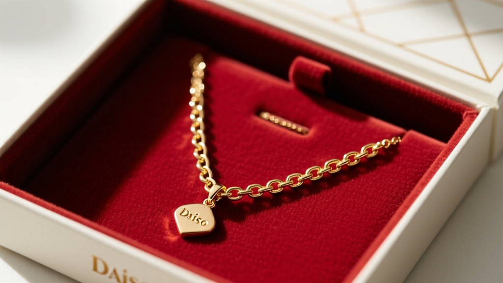 Overhead macro shot of a gold-plated zinc necklace resting inside a velvet compartment of a Daiso accessories storage box
