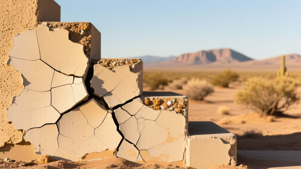 Close-up of severe stair-step cracking in a stuccoed concrete masonry unit foundation wall in a dry Tucson desert landscape