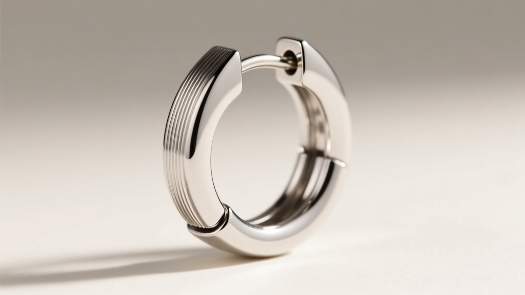 Macro shot of a silver snap closure hoop earring hinge showing the interlocking V-notch post and catch under bright lighting