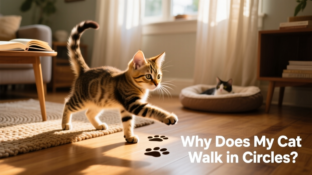 Kitten playfully chasing its tail in a sunlit room