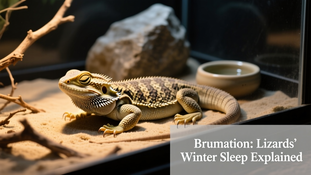 A bearded dragon resting quietly in a dim, cool corner of its enclosure with eyes closed but posture relaxed