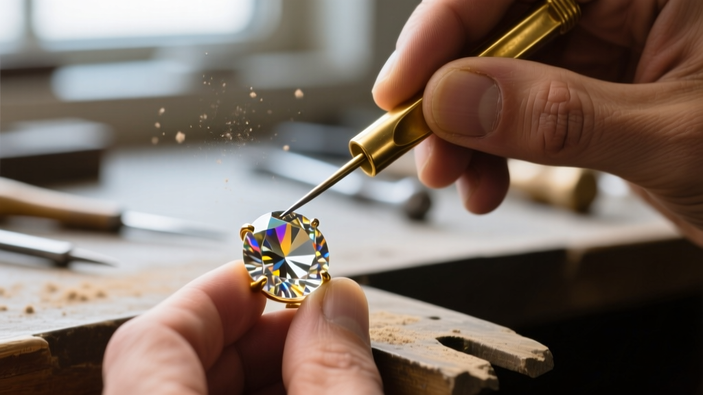 Macro shot of a jeweler using a brass pusher to gently tighten a delicate metal prong over a round vintage cut-glass crystal stone.