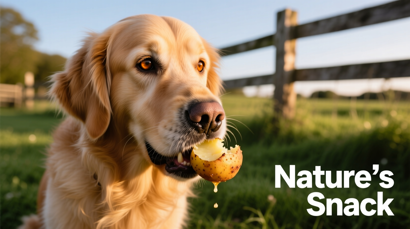 Golden retriever eating small piece of cooked potato