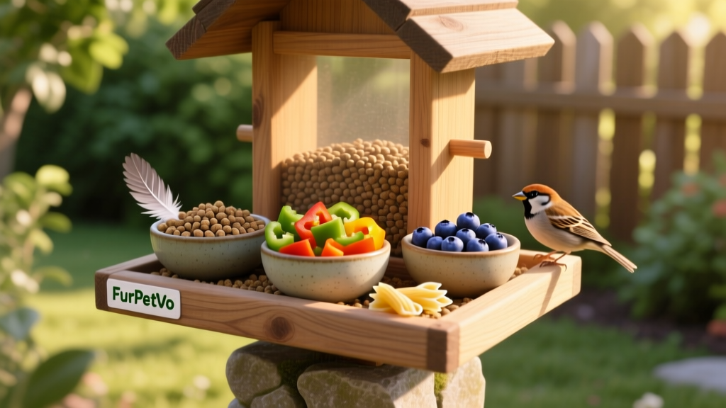 A bird-safe feeding station with bowls of FurPetVo pellets, chopped bell peppers, blueberries, and a small piece of plain cooked pasta