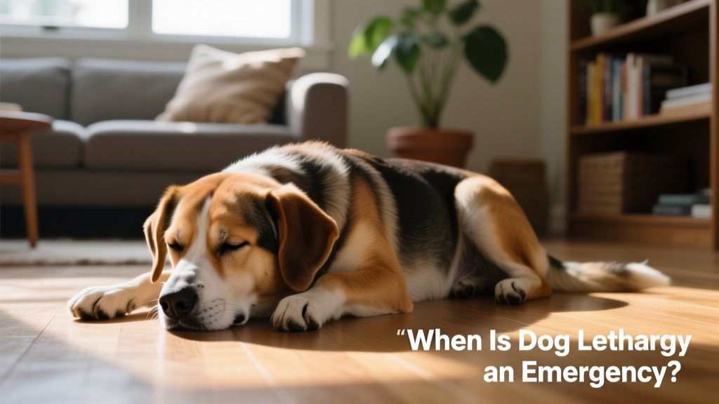 A dog lying quietly on the floor, head resting low, with a soft but unusually still and withdrawn expression