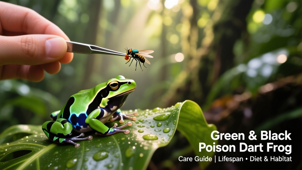 Hand holding a feeding tweezer with a cluster of fruit flies near a Green and Black Poison Dart Frog on a leaf