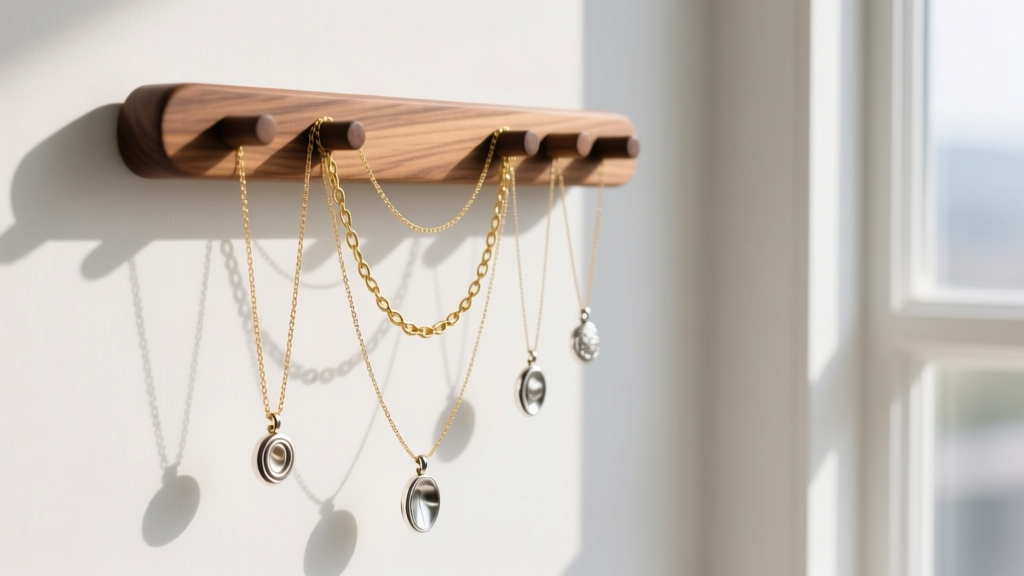 Walnut DIY necklace organizer on a white wall, displaying gold chains and silver pendants under soft, diffused window light.
