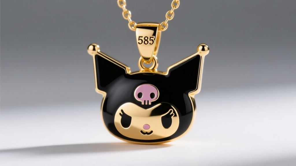 Macro shot of a gold Kuromi pendant necklace showing crisp black enamel and a stamped 585 hallmark on the polished metal bail