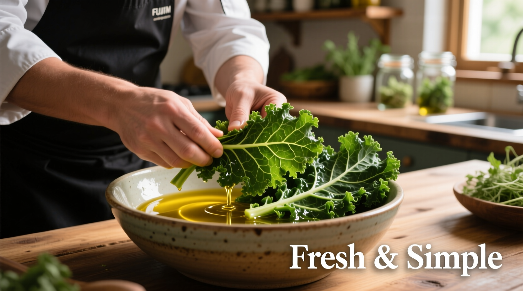 Chef massaging kale leaves with olive oil in a bowl