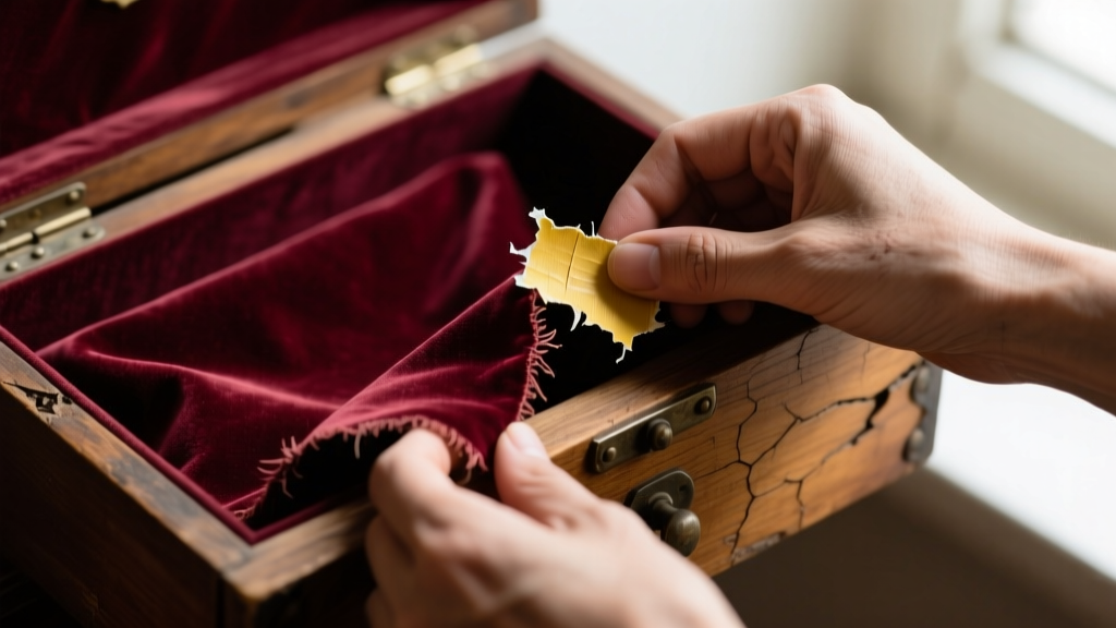 Hands peeling faded burgundy velvet lining from an antique wooden jewelry box drawer, revealing dried yellow glue on the bare wood.