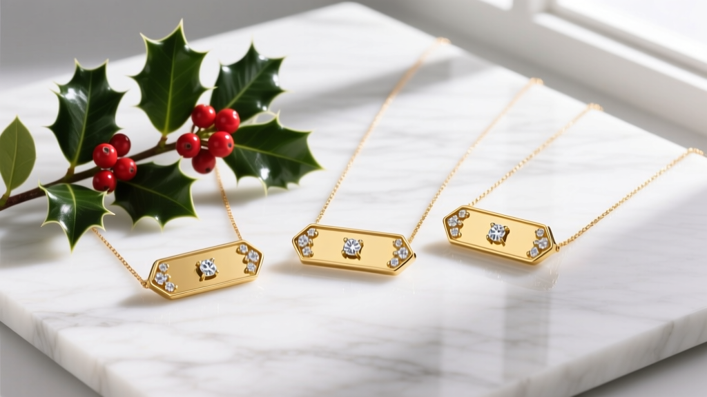 Flat lay of three gold nameplate necklaces with diamond accents on white marble beside fresh holly in soft lighting