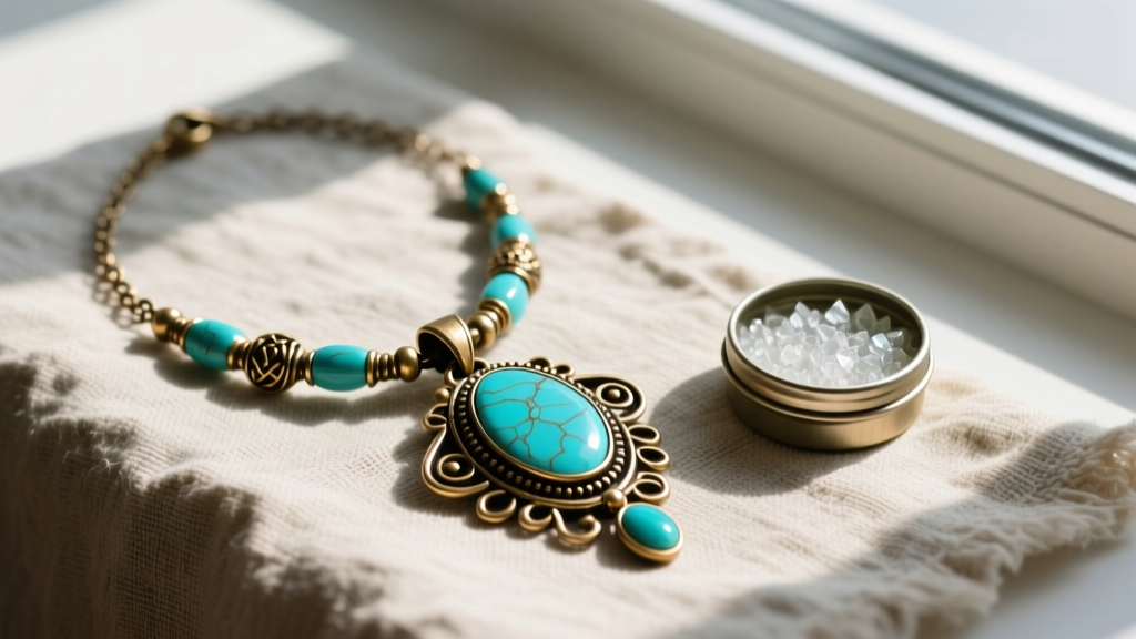 Top-down view of a turquoise and brass boho pendant necklace on raw linen, beside a small tin of micro-crystalline polishing wax.