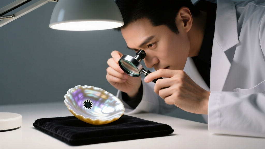 Jeweler using a loupe to inspect the drill hole and nacre of a large baroque teardrop pearl under a bright daylight bench lamp