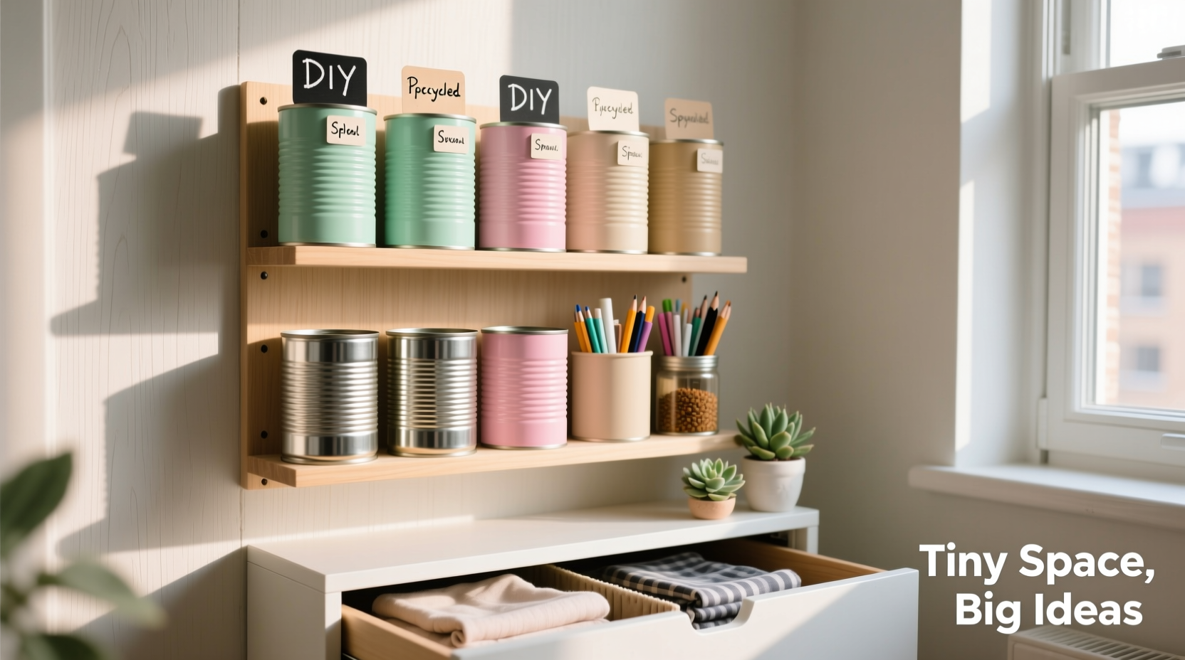 diy shelf organization using recycled tin cans clever hacks for tiny spaces