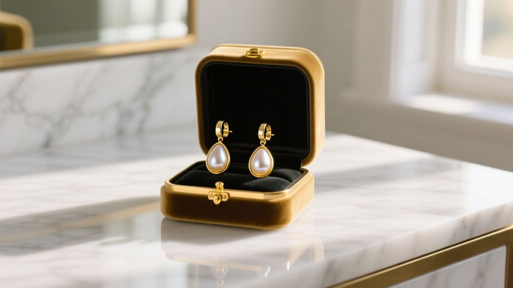 Elegant velvet box open on a marble vanity, revealing 14k yellow gold leverback earrings with teardrop pearls, soft morning light.
