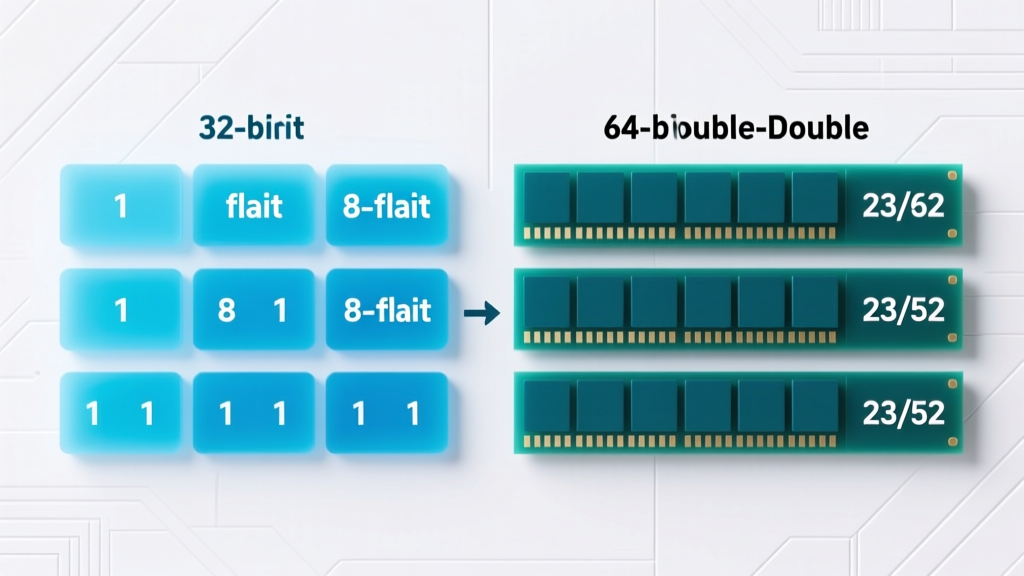 Diagram comparing 32-bit float memory layout with 64-bit double precision memory layout in microcontroller SRAM