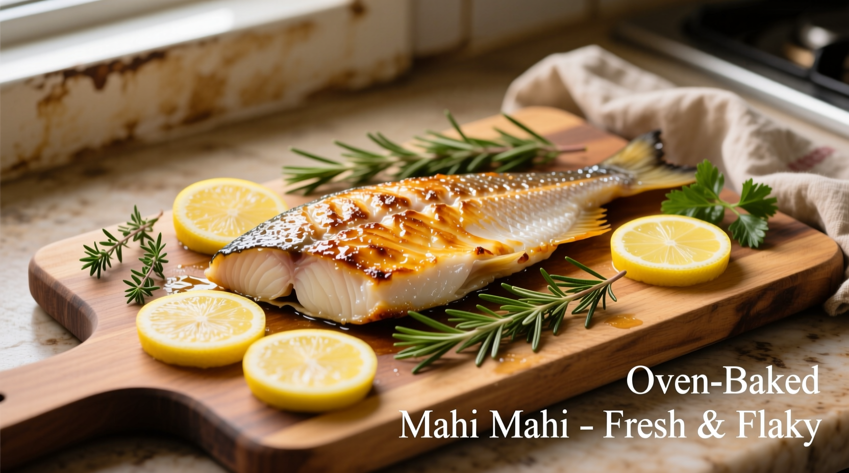 Oven-baked mahi mahi fillet with lemon slices and herbs