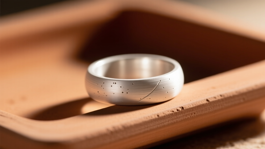 Close-up of a freshly fired, matte white fine silver metal clay ring resting on a ceramic kiln shelf under warm studio lighting.