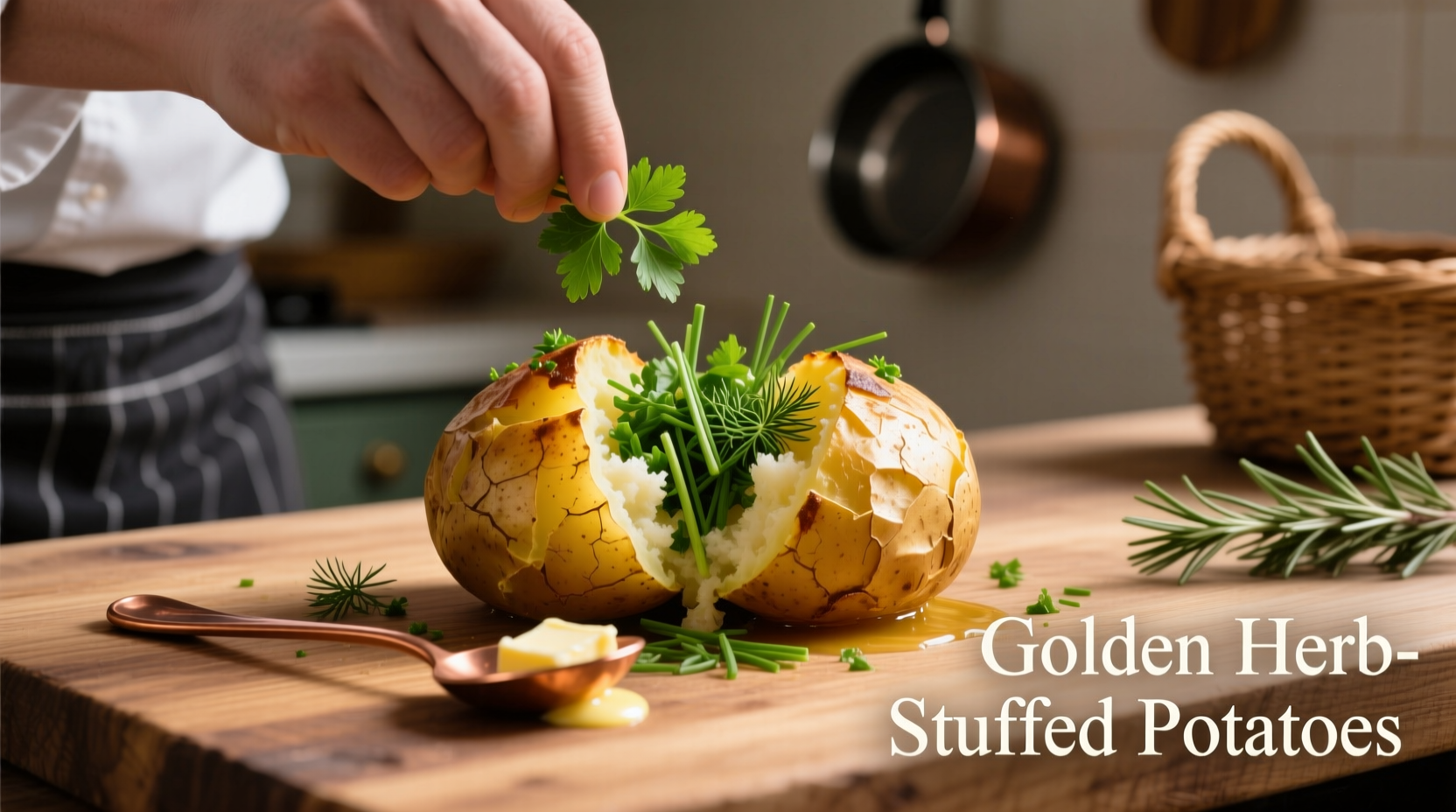 Chef preparing golden stuffed potatoes with fresh herbs