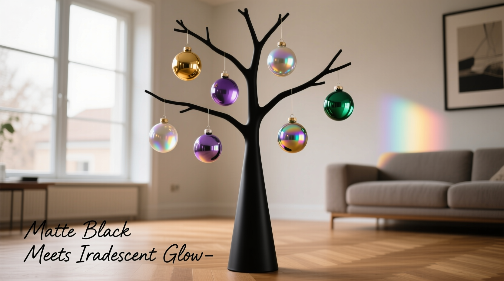 is pairing matte black tree stands with iridescent ornaments a growing aesthetic on designspiration