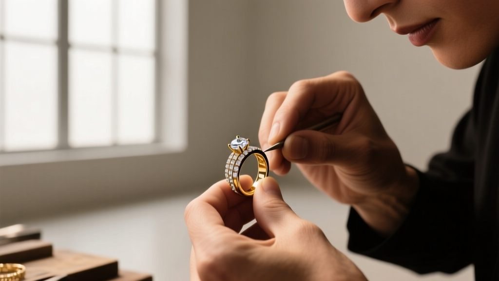 Jeweler's loupe examining a four-prong platinum setting on a pink tourmaline stud earring to check for prong wear, macro detail.