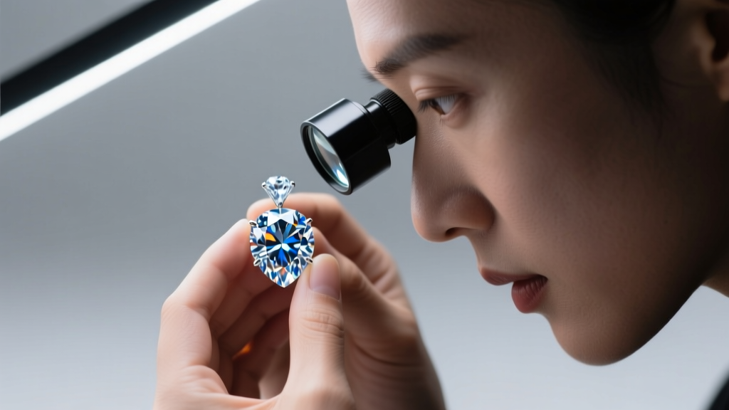 Jeweler using a 10x triplet loupe to inspect a brilliant-cut diamond pendant under bright daylight-balanced LED studio lighting