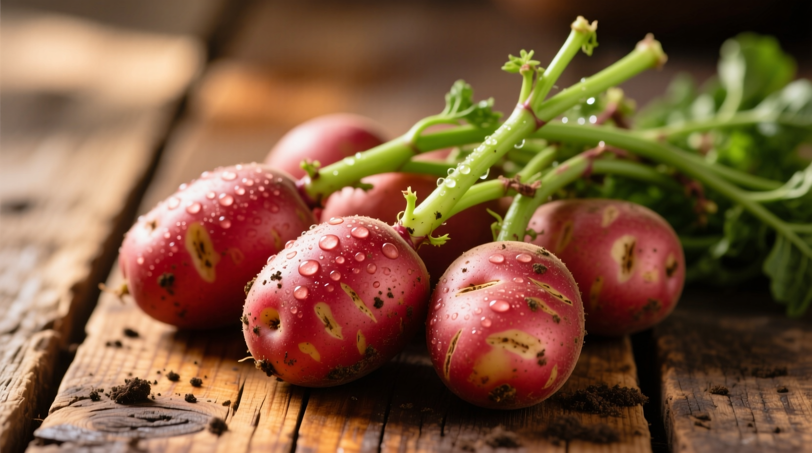 Fresh red potatoes with green stems on wooden table