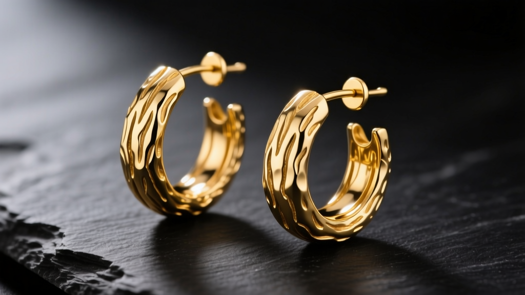 Macro shot of 14k yellow gold hoop earrings with hammered bark texture on dark slate, soft lighting highlighting deep crevices.