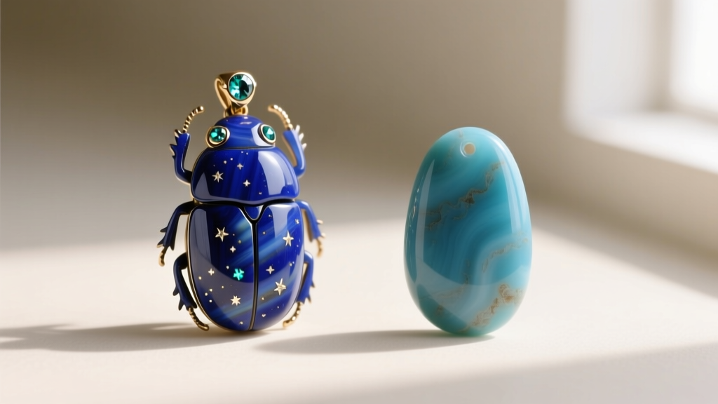 Macro shot of a carved lapis lazuli scarab pendant showing natural pyrite inclusions next to a dyed howlite fake replica.